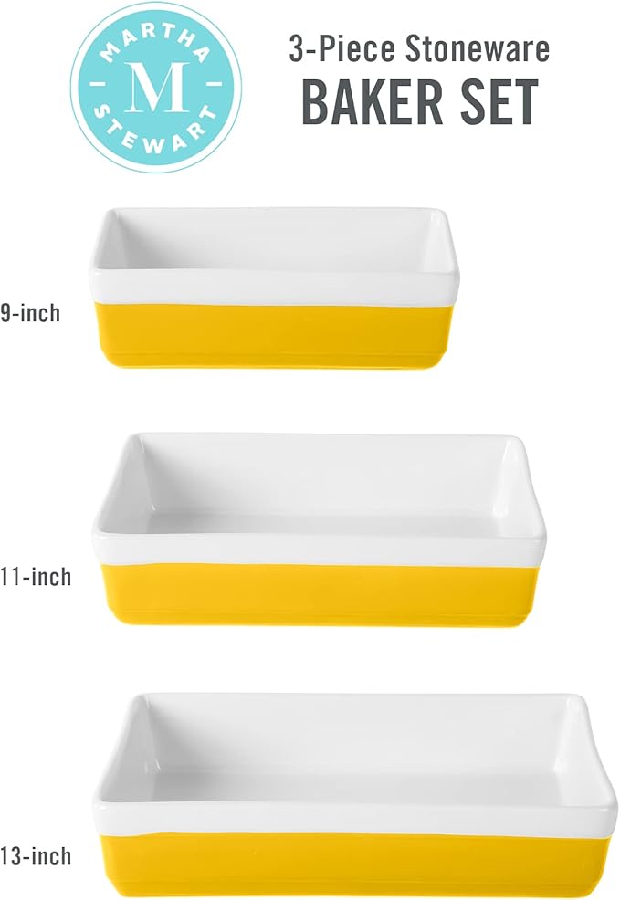 MARTHA STEWART 3-Piece Oven to Table Stoneware Bakeware Set – Baking Dish & Casserole Set – Yellow – Durable Oven-Safe Bakeware for Baking and Serving