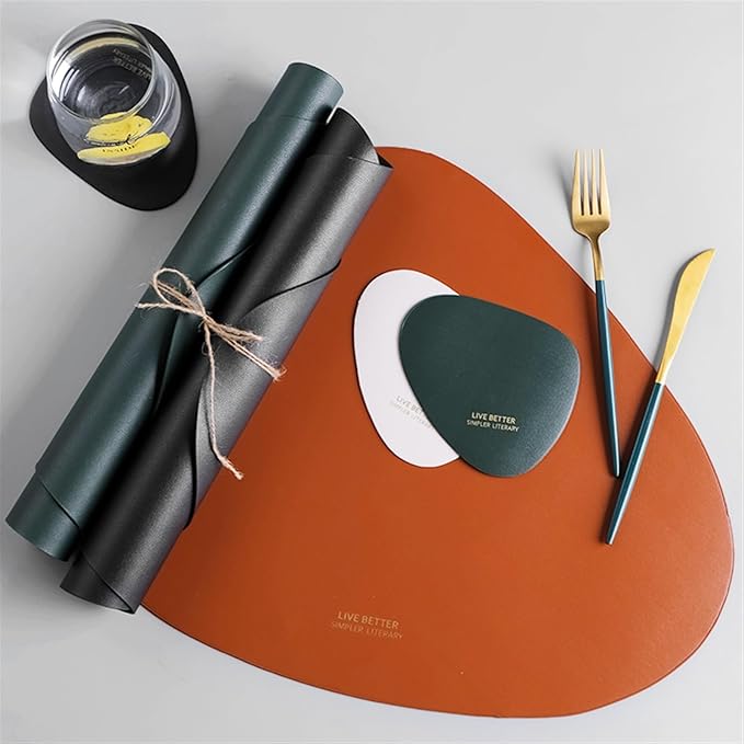 Drop-Shaped Placemat Plate Mat Food Grade Leather Table Pad Waterproof Heat Insulation Kitchen Gadget Easy Cleaning(Dark Green)