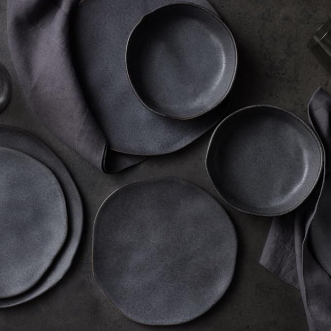 Stone by Mercer Project HEKONDA Modern Debossed Stoneware 16-Piece Dinnerware Set,Plate and Bowl Set, Dish Set for 4, Gray