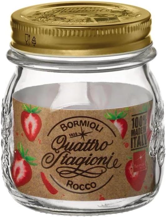 Bormioli Rocco Quattro Stagioni Small Glass Mason Jars 8.5 Ounce Mini Jars 12-Pack, with Metal Airtight Lid, For Jam, Jelly, baby food, Crafts, Spices, Dry Food Storage, Wedding favors, Decorating Jar