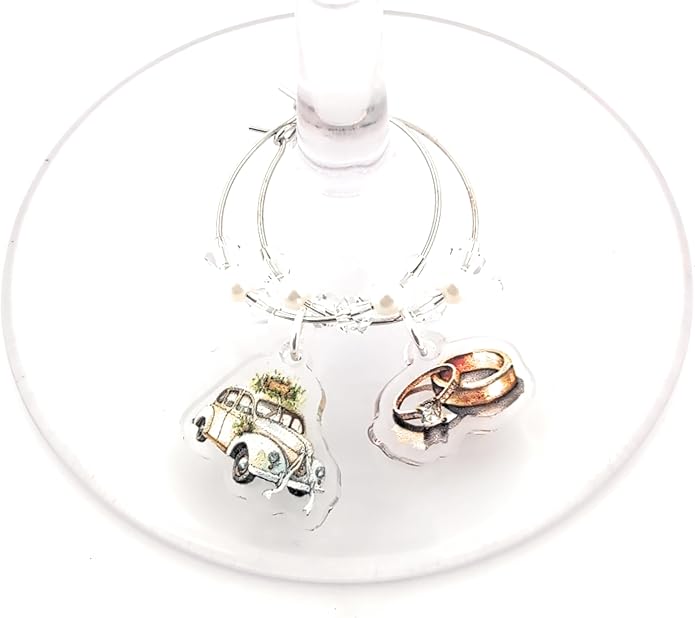 Pixie – Wedding Wine Glass Charms Gift with Tuxedo, Wedding Dress, Rings, Champagne, Car and Cake Designs, Silver-Tone with Pearl Accents, Engagement Party, Bridal Shower and Gifts - 6 Pack