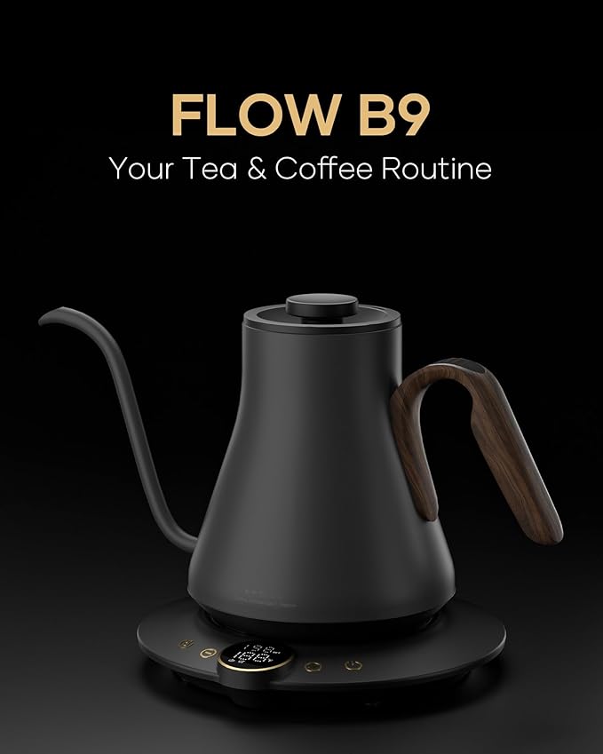 Gooseneck Electric Kettle with Precise ±1℉ Temperature Control, Wood-Accented Handle, Stainless Steel Interior, Quick Heating Pour Over Kettle for Coffee & Tea, 0.9L, Matte Grey