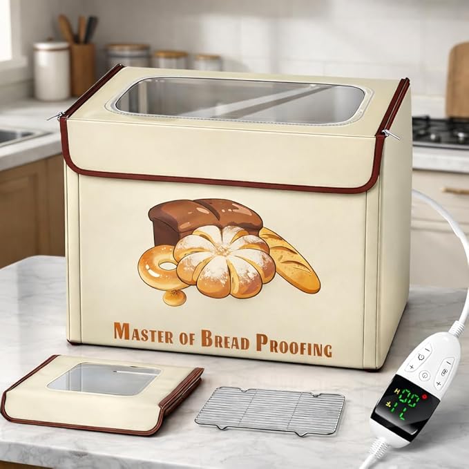 Foldable Bread Proofing Box with 3-Sided Even Heating, 68–131°F Precise Temp Control & 99H Timer, Large Capacity Sourdough & Dough Proofer for Home Baking, Pizza, Yogurt, with Metal Rack