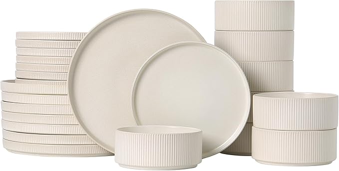 Dinnerware Set Service for 8, 24-Piece Ceramic Plates and Bowls Set, Chip & Scratch Resistant, Microwave and Dishwasher Safe, Modern Minimalist Tableware for Everyday Use, Matte White