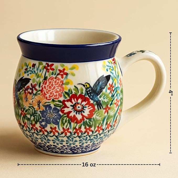 Blue Rose Polish Pottery - Red Hummingbird Bubble Mug - 16 oz - Unique Shape Mug for Coffee & Tea