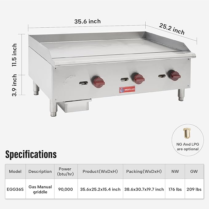 WESTLAKE 36"W Commercial Gas Griddle Countertop Natural Gas and Propane Griddle with 3 Burners 90000 BTU, Stainless Steel Plate Grill for Restaurants