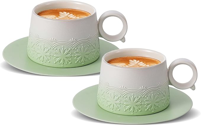 ZENS 7.3 Ounce Cappuccino Mug Set of 2, Artistic Embossed Ceramic Cappuccino Cups with Saucers for Cafe Matcha, Double Espresso Cups Set of 2 for Au Lait or Tea, Coffee Lovers Gifts, Pale Green
