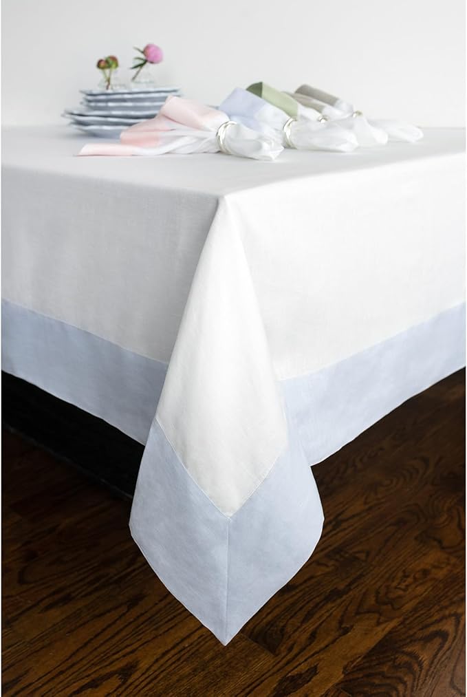 Solino Home Linen Tablecloth 60 x 90 Inch - 100% Pure Linen Light Blue and White Tablecloth for Rectangle Tables - Contempo, Machine Washable Table Cloth for Winter, Spring, Easter