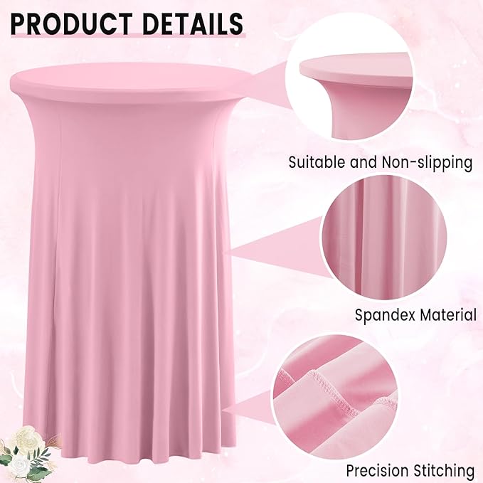 Qubjus 2 Pack Round Cocktail Table Covers with Skirt Stretch Spandex Tablecloth 24"x43" Cocktail Round Tablecloth for Party Wedding Birthday Banquet, Pink