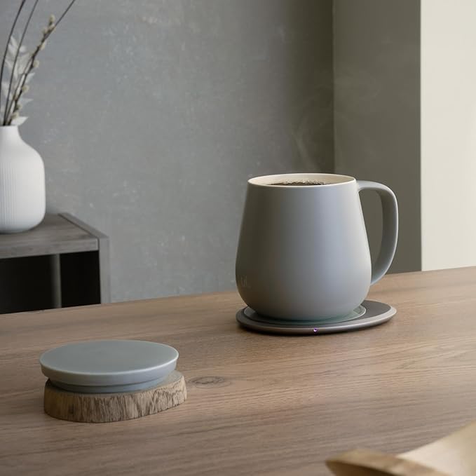 Ui+ Self-Heating Mug Set – Soft Gray | 18 fl oz / 532 mL Ceramic Coffee & Tea Mug Set with Heating Pad