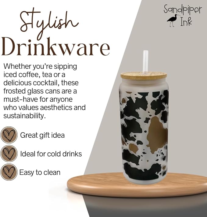 20oz Frosted Glass With Bamboo Lid and Plastic Straw - Western (Cow Print #1, 20oz)