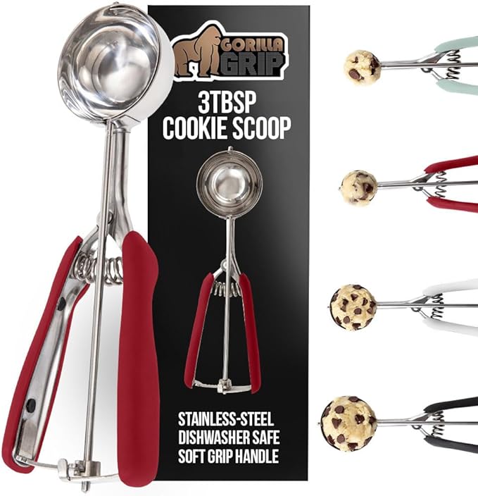 GORILLA GRIP BPA-Free Stainless Steel Cookie Scoop, 3 TBSP Scooper #20, Soft Grip Handle, Easy Food Release, Create Even Portion Sizes, Multipurpose Kitchen Melon Baller, Meatball Spring Scoops, Red