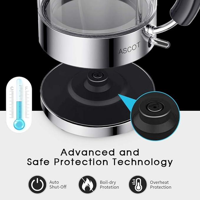 ASCOT Electric Kettle, Glass Electric Tea Kettle Gifts for Men/Women/Family 1.6L 1500W Borosilicate Glass Tea Heater, with Auto Shut-Off and Boil-Dry Protection (Silver)