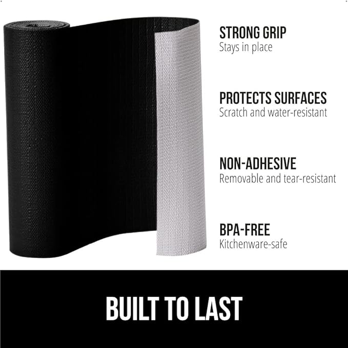 GORILLA GRIP Slip Resistant Drawer and Shelf Liner 2 Pack, Non Adhesive Water Resistant, Easy Clean and Trim, Smooth Surface Liners for Kitchen Cabinet, Shelves, Drawers, Pantry, 12 in x 10 FT, Black