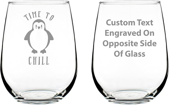 Custom Time to Chill - Personalized Stemless Wine Glass - Funny Penguin Themed Gifts and Decor - Large 17 oz - Customized Wine Glass Gift