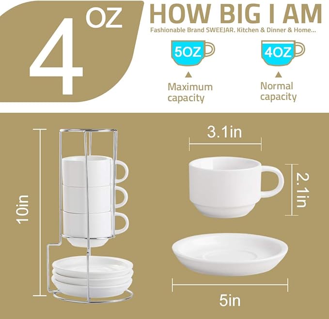 Sweejar Porcelain Espresso Cups with Saucers, 4 Ounce Stackable Cappuccino Cups with Metal Stand for Coffee Drinks, Latte, Tea - Set of 4 (Jade)