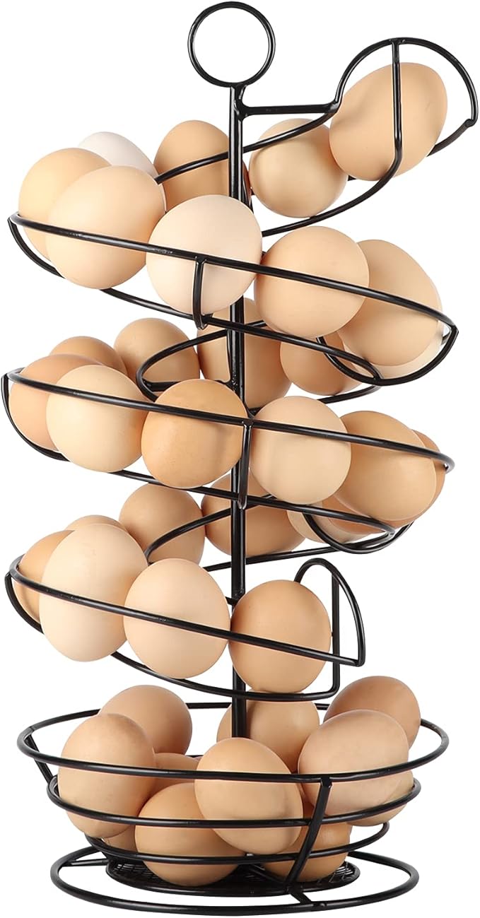 QUTREY Black Metal Egg Skelter with Storage Basket, Spiral Design Egg Holder for Large Egg for Countertop, Kitchen