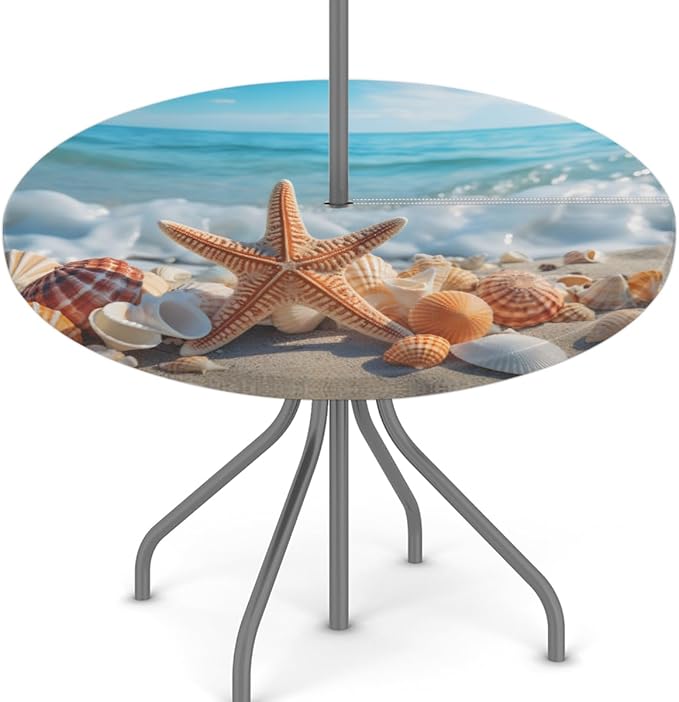 Outdoor Round Tablecloth with Umbrella Hole, Shell Starfish Fitted Table Cloth with Elastic 45"-56" Waterproof Oil-Proof Circle Patio Table Cover for Picnic Camping Party