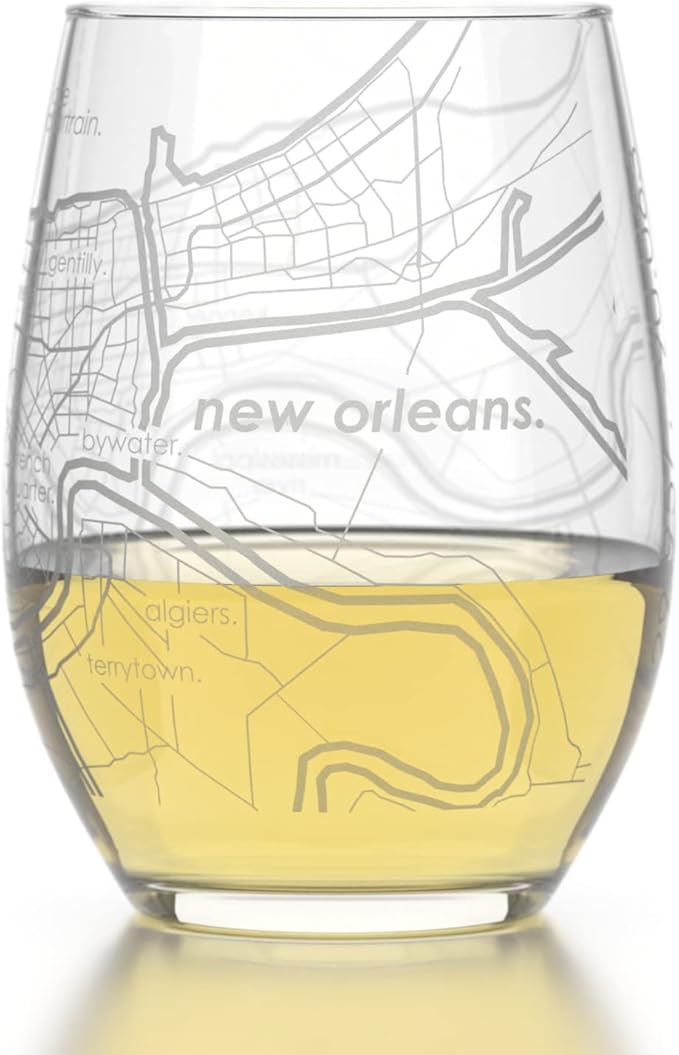 Well Told Engraved New Orleans Louisiana Map Stemless Wine Glass, Etched Glassware (15 oz, Clear) City Map Gift, Custom Barware, Gifts for Wine Lovers