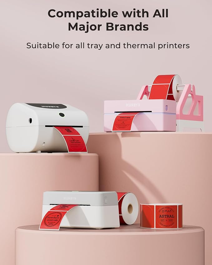 MUNBYN 2 Inch Red Round Thermal Labels, Multi-Purpose Self-Adhesive Circle Thermal Label Stickers for Business, 750 Sheets/1 Roll