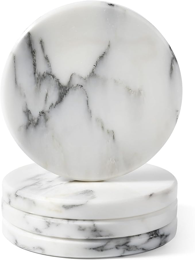 Koville Marble Coaster Set of 4, Round Coasters, 4" Stone Coaster for Drinks Coffee, Marble Coasters for Coffee Table Home Bar Decor, Heat Resistant, Gift Choice(Arabescato)