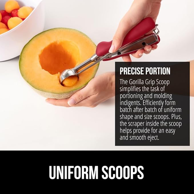 GORILLA GRIP BPA-Free Stainless Steel Cookie Scoop, 3 TBSP Scooper #20, Soft Grip Handle, Easy Food Release, Create Even Portion Sizes, Multipurpose Kitchen Melon Baller, Meatball Spring Scoops, Red
