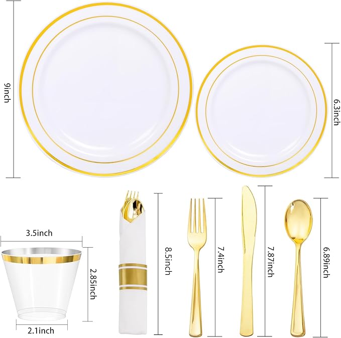 350Piece Gold Dinnerware Set for 50 Guests - Gold Plastic Plates with Disposable Cutlery Include:50Dinner Plates-50Dessert Plates-50Pre Rolled Napkins with Silverware for Valentine’s Day