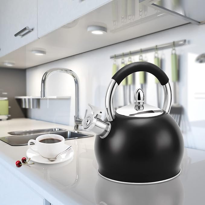 Whistling Tea Kettle for Stove Top Stainless Steel Tea Pot with Ergonomic Silicone Handle Teapot for Stovetop 3.2 Quart / 3 Liter Black