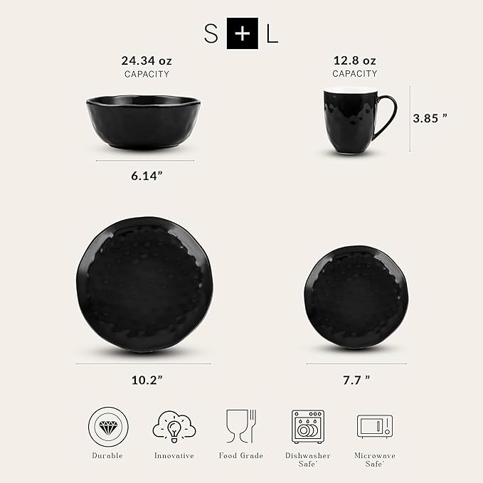 Stone Lain Ivy Stoneware 24 Piece Dinnerware Set, Home Kitchen Dish Set with Dinner Plates, Salad Plates, Bowls, & Mugs - Service for 6, Black