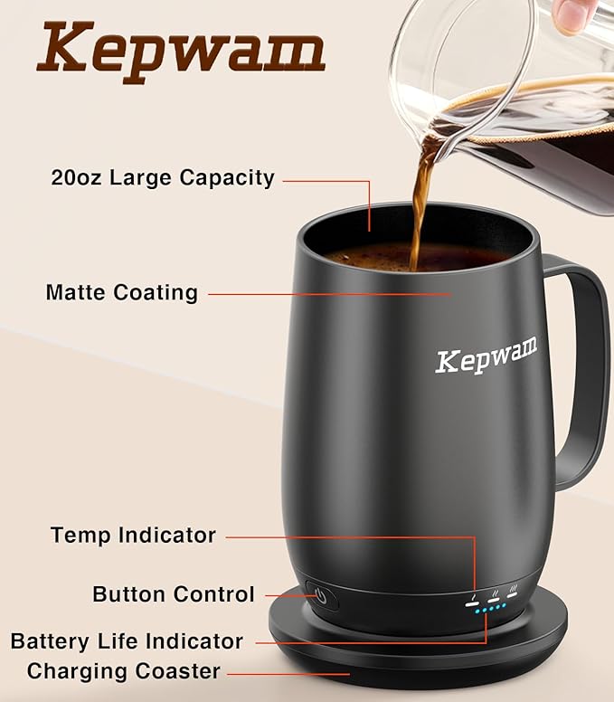 Kepwam Heated Coffee Mug T2-Plus, 20oz Leading Large Capacity Self Heating Coffee Mug, Up to 8 Hrs Battery & Hot Up to 149℉, Smart Coffee Mug for Women, Men