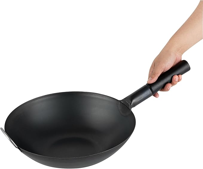 Restaurantware-Motomori 14 Inch Pre-Seasoned Carbon Steel Wok, 1 Traditional Japanese Wok - Flat Bottom, Wooden Handle, Black Carbon Steel Traditional Stir Fry Pan, With Helper Handle
