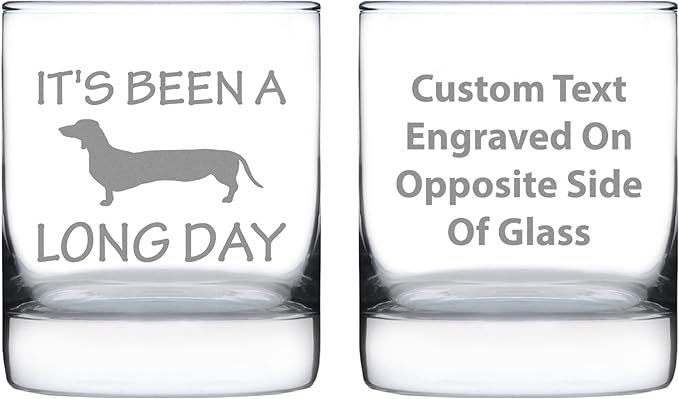 Custom Long Day - Funny Dachshund Personalized Whiskey Rocks Glass Gifts for Men & Women - Fun Whisky Drinking Tumbler Décor