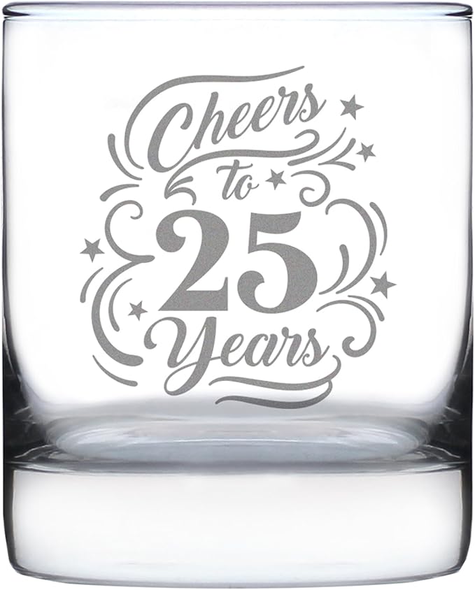Bevvee Cheers to 25 Years - Whiskey Rocks Glass Gifts for Women & Men - 25th Anniversary Party Decor - 10.25 Oz Glasses
