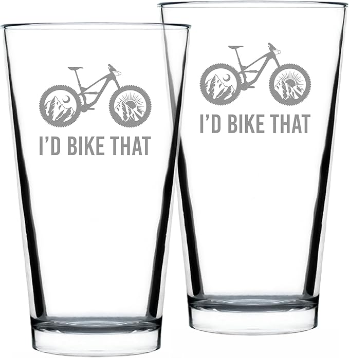 Bevvee I'd Bike That - Pint Glass for Beer - Cool Bicycle Themed Decor and Gifts for Mountain Bikers - Set of 2-16 oz Glasses