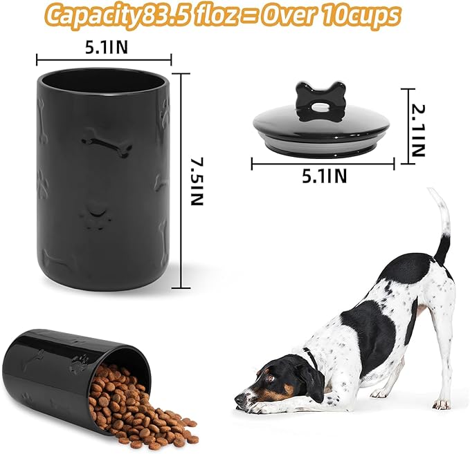 Dog Treat Container Airtight - 9"x5" Black Large Ceramic Dog Treat Jar for Kitchen Counter, Dog Cookie Jar with Lid - Farmhouse Style Dog Food Storage Container for Dogs, Cats, Pets