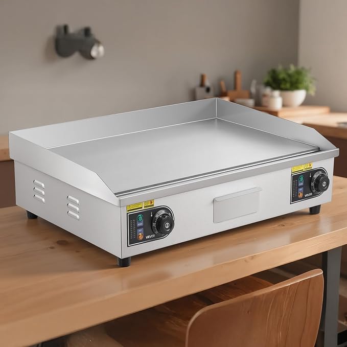 VEVOR Commercial Electric Griddle, 28.54 x 15.75 in, 4400W, 122-570°F Adjustable Temp Control, Stainless Steel Countertop Full Flat Top Grill with 2 Spatulas and 2 Brushes, for Steak, Pancake, Squid