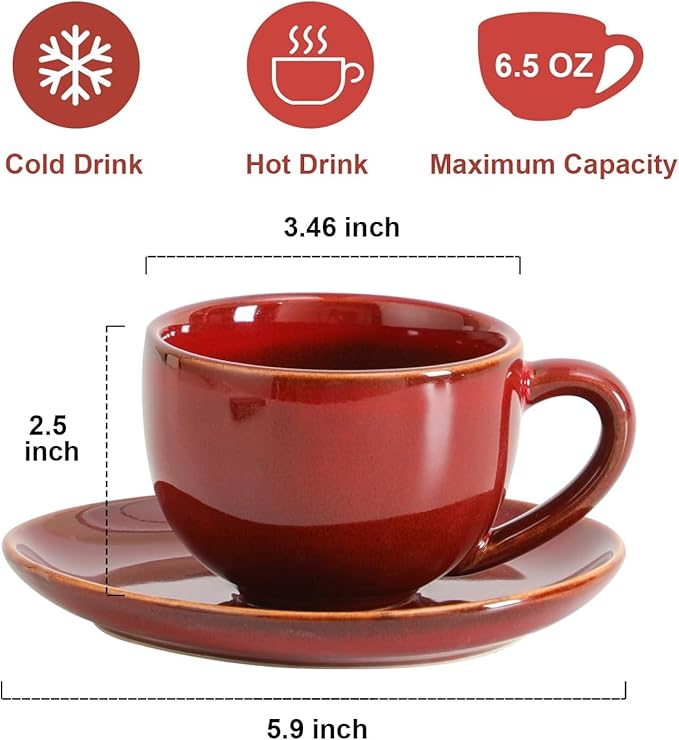 vicrays 6.5 oz Cappuccino Cups with Saucers, Set of 4, Ceramic Coffee Cup for Au Lait, Double shot, Latte, Cafe Mocha, Tea (Cherry Red)