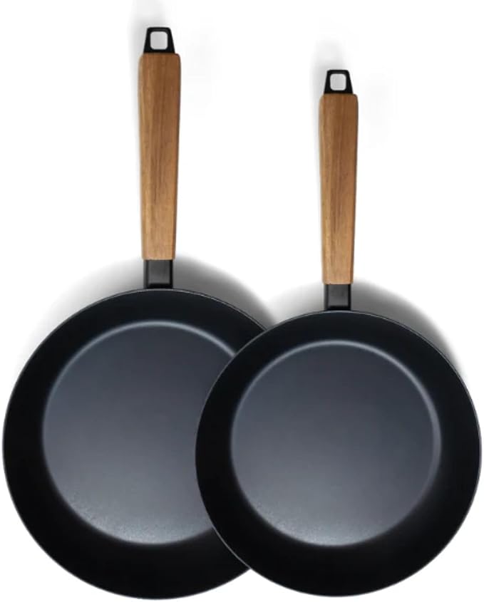 Alva Forest 8" & 11" Carbon Steel Frying Pan Set – Naturally Nonstick, Pre-Seasoned, with Acacia Wood Handle, Made Without PTFE, PFOA, PFAS – Sustainable Belgian Design, Induction & All-Stovetop Safe