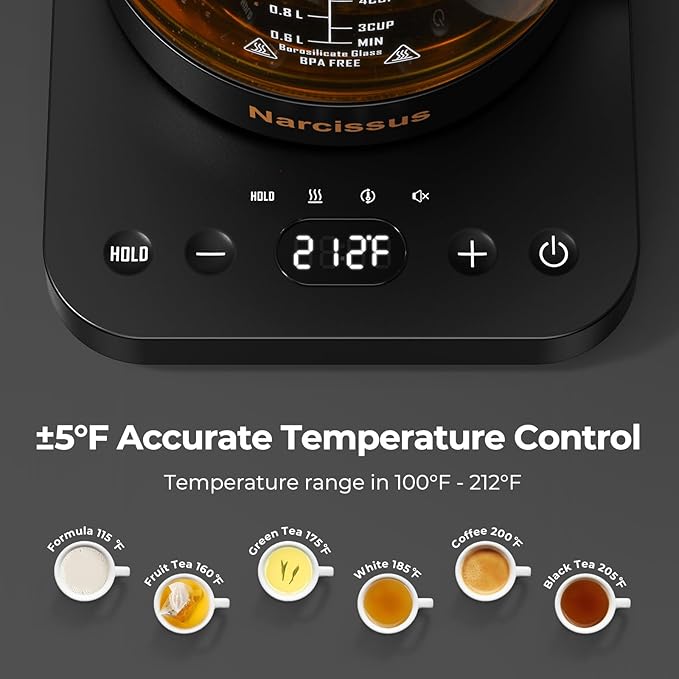 Narcissus Electric Kettle Temperature Control ±5℉, 1.8L Glass Electric Tea Kettle with Removable Infuser for Flowers & Fruit Tea, 1200W Fast Boiling, 6 Hours Keep Warming, Black