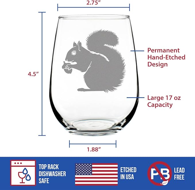 Bevvee Squirrel Stemless Wine Glass - Squirrel Gifts and Decor with Squirrels - Large 17 Oz Glasses