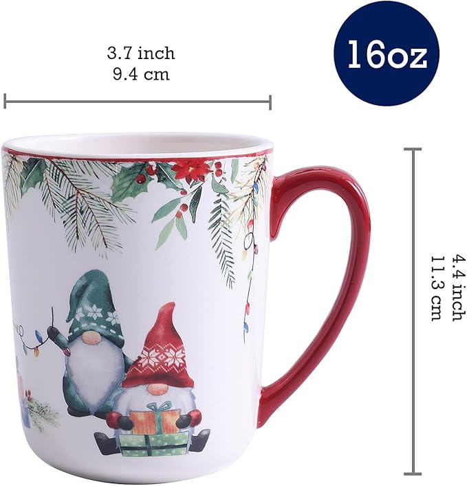 Bico Christmas Gnome Ceramic Mug Set of 4, Christmas Coffee Mugs, 16oz Holiday Cups for Tea, Cocoa, or Hot Drinks, Microwave & Dishwasher Safe