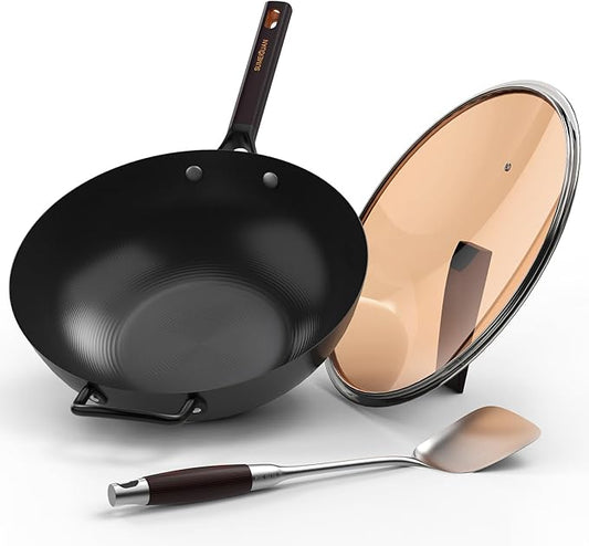 13.5" Carbon Steel Wok Pan - Pre-Seasoned Flat Bottom Woks & Stir-fry Pans Chinese Cookware with Lid & Spatula - For Pan-fry,Stir Fry, Steam, BBQ & Camping - Compatible with Induction, Gas