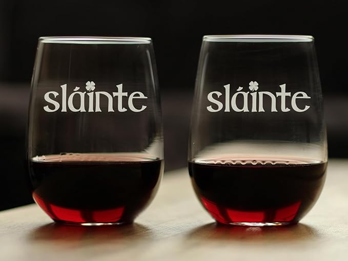 Bevvee Slainte Irish Cheers - Stemless Wine Glasses - Set of 2 - Fun Irish Themed Gifts and Decor - Large 17 Ounce