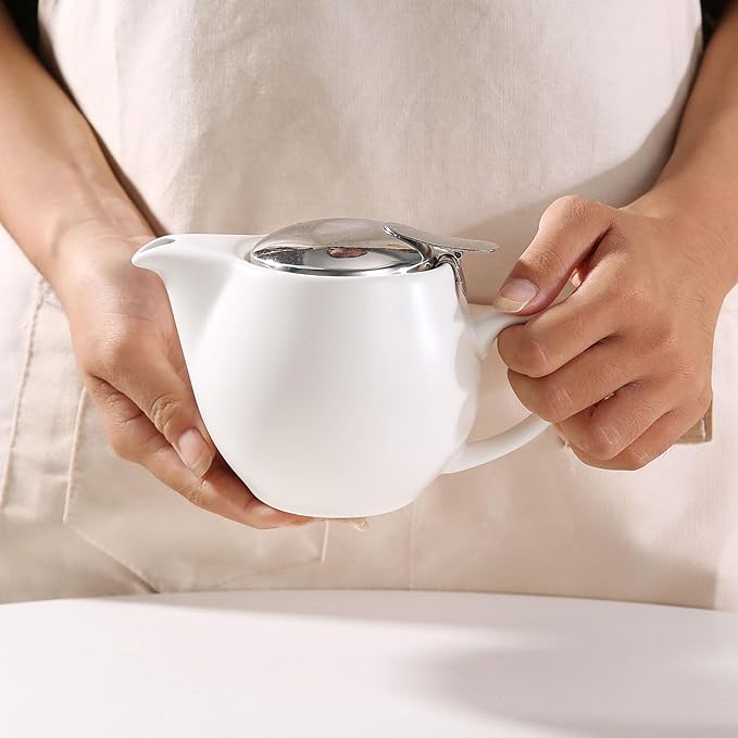 Small Ceramic Teapot With Stainless Steel Infuser For Loose Tea And Blooming Tea, Heat Resistant Ceramic Tea Pot And Tea Kettle, Perfect Tea Maker, White Teapot 350ml/12.0oz