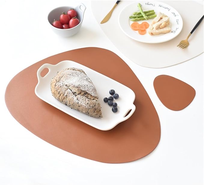 Leather Pads Nordic Creatives Dinette Mat Triangle Elliptical Waterproof Oil Insulated Dining Table Placemat and Coaster Set(Dark Gray)