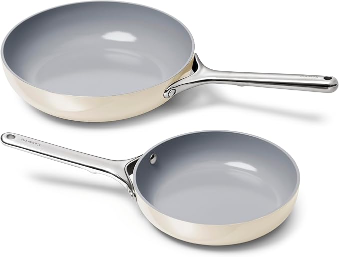 Caraway Fry Pan Duo - Nonstick Ceramic Frying Pan (8" & 10.5”) - Non Toxic, PTFE & PFOA Free - Oven Safe & Compatible with All Stovetops (Gas, Electric & Induction) - Cream