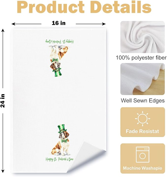 St. Patrick's Day Saint Bernard Kitchen Towels, Saint Bernard Gifts Dish Tea Towel for Kitchen Decor, Irish Leprechaun Hat Dog Hand Towels for Bathroom Decor, 16x24 Inches