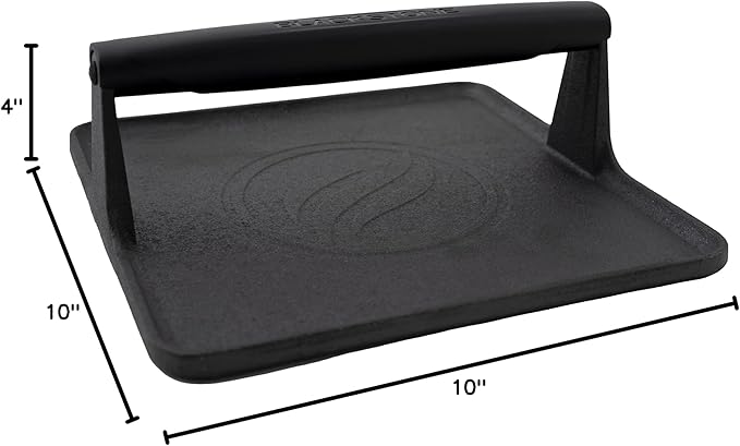 Blackstone 5554 Pre-Seasoned Signature Cast Iron Griddle Grill Press XL Extra Wide Base Heavy Duty-Meat, Burger, Bacon, Steak, Sausage Heat Resistant Handle-10” x 10” x 4” (Square), Black