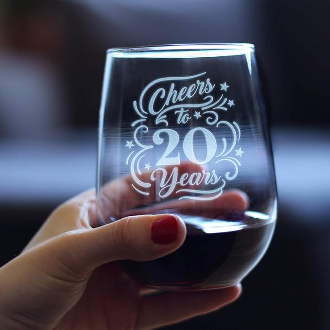 Bevvee Cheers to 20 Years - Stemless Wine Glass Gifts for Women & Men - Set of 2-20th Anniversary or Birthday Party Decor - Large 17 Ounce Glasses