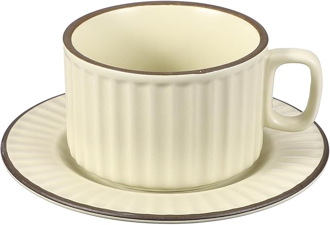 uxcell Handmade Vintage Espresso Cups, 8 oz Coffee Cups and Saucers Ceramic Tea Cup with Handle Dishwasher and Microwave Safe for Latte Cappuccino Milk Office Home Gifts, Cream